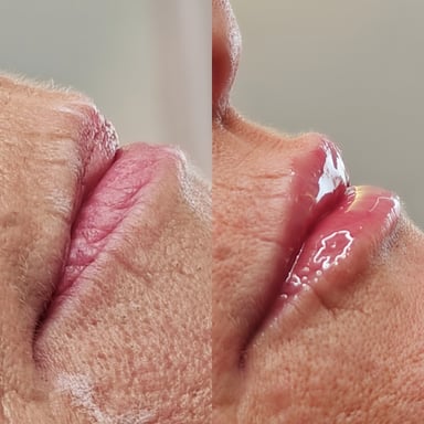 Close-up before-and-after side view of lips, showing increased definition, projection, and smoothness after combined dermal filler and targeted muscle-relaxing treatment.