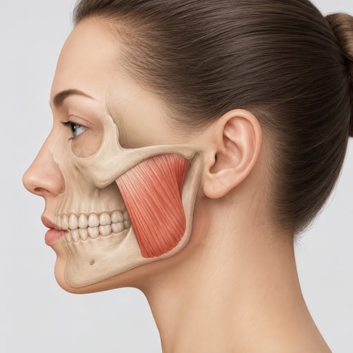 The masseter is one of the main chewing muscles, with the bulk of the body sitting at the angle of the jaw on each side of the face. In some people, it becomes enlarged through genetics, frequent clenching or teeth grinding, which can make the lower face look broader or more square.

When this muscle is overactive, it can affect both comfort and facial shape, sometimes causing migranes. Carefully relaxing the masseter can help reduce jaw tension and, over time, soften the width of the lower face in suitable clients.